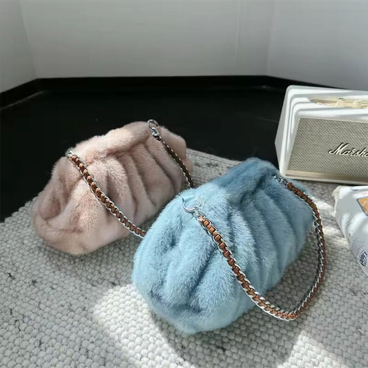 Moods Pleated Design Faux Fur Shoulder For Women 2024 Luxury Designer Purses and handbags Winter Warm Soft Piush Hobo Bags